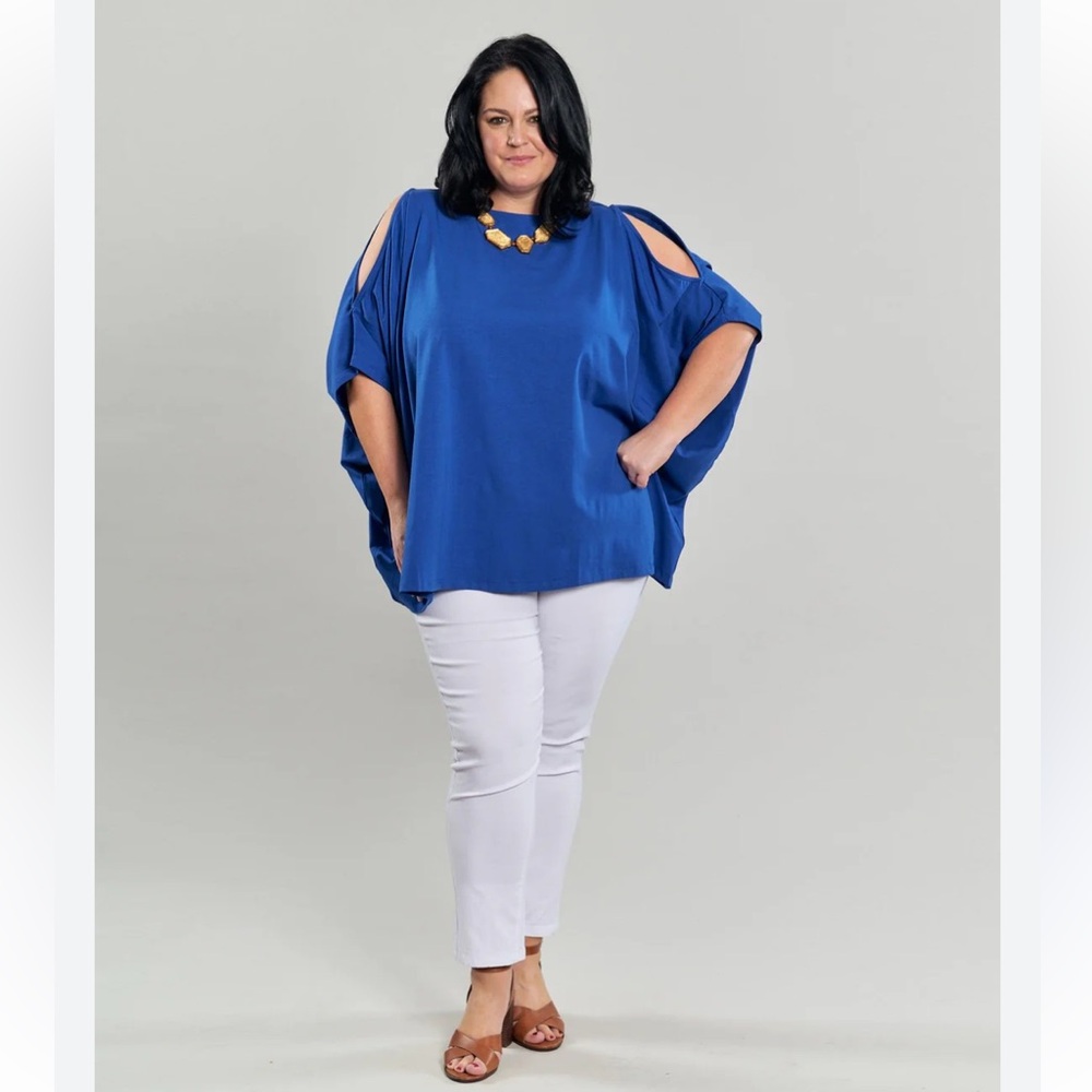 Alembika Boxy Dolman Top Cobalt Cold Shoulder Oversized Stretch NWT Sz 1X -Flaw